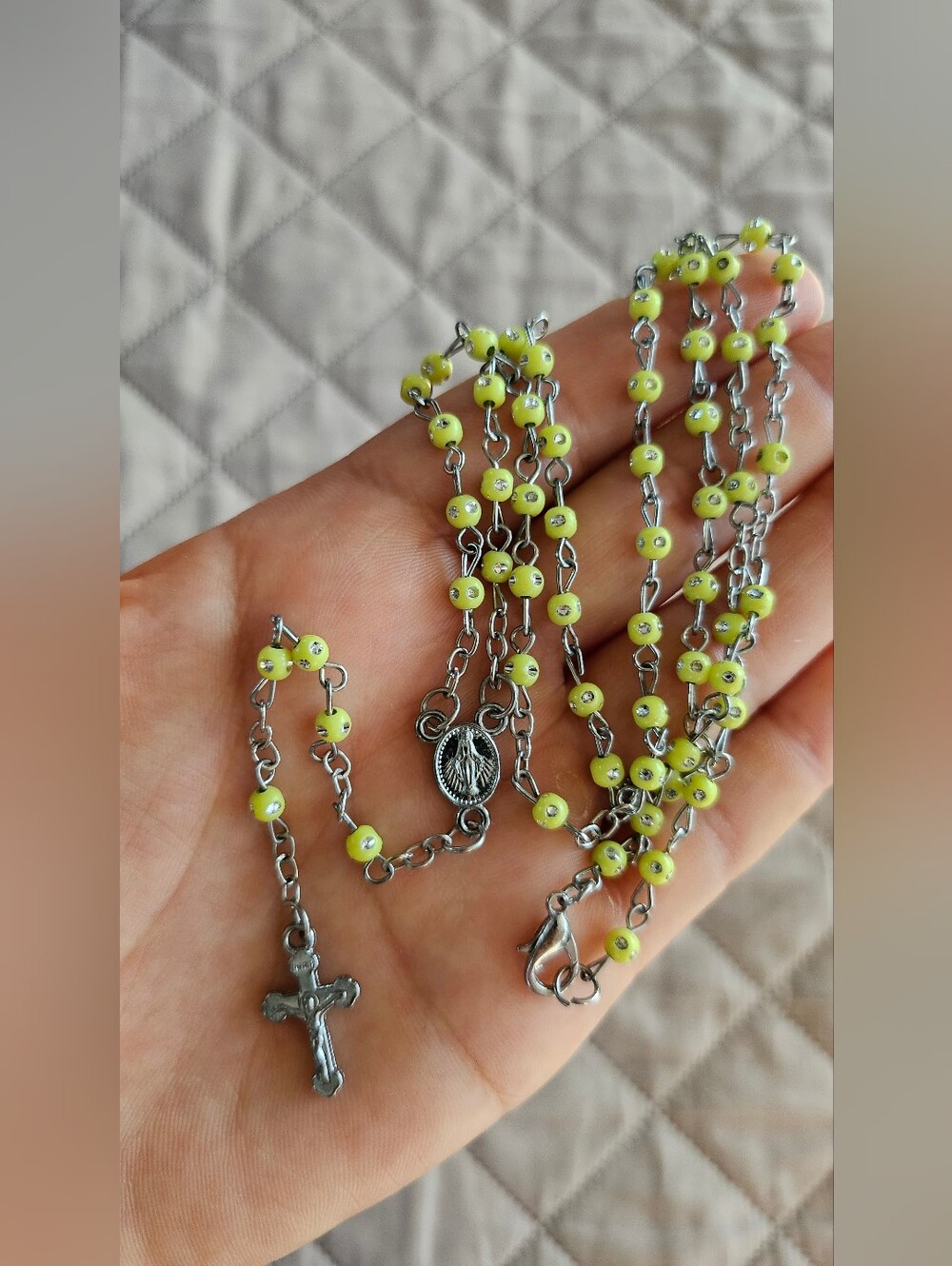 Neon yellow rosary, mini rosary, Catholic jewelry, religious, faith
